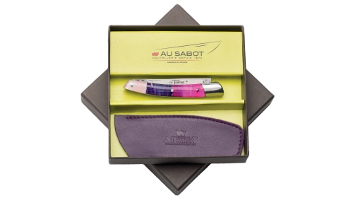 Boite cadeau couteau Le Thiers® 10 cm 2 mitres inox plumes violettes & étui cuir violet Boite cadeau couteau Le Thiers® 10 cm 2 mitres inox plumes violettes & étui cuir violet