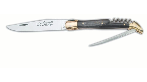 Couteau Laguiole 12 cm 3 pièces tire-bouchon - poinçon mitres laiton manche corne Couteau Laguiole 12 cm 3 pièces tire-bouchon - poinçon mitres laiton manche corne