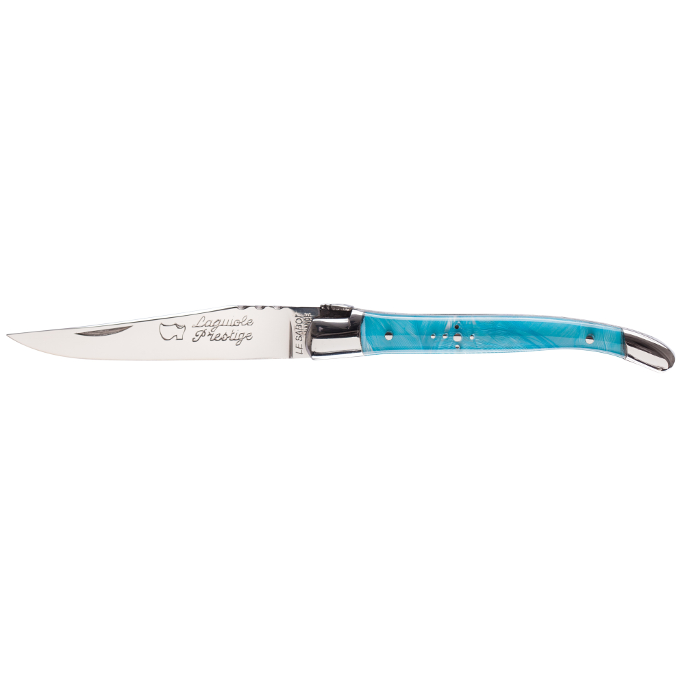 Couteau Laguiole Décoration 10 cm 2 mitres inox plumes turquoises