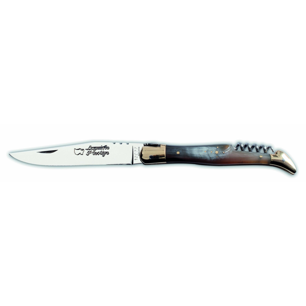 Couteau Laguiole 12 cm 2 pièces tire-bouchon mitres laiton manche corne