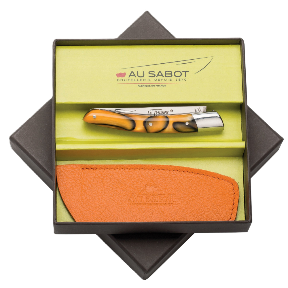 Boite cadeau couteau Le Thiers® 10 cm 2 mitres inox orange & étui cuir orange