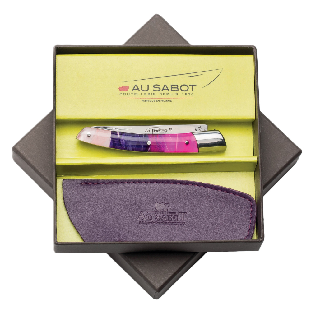 Boite cadeau couteau Le Thiers®  10 cm 2 mitres inox plumes violettes & étui cuir violet