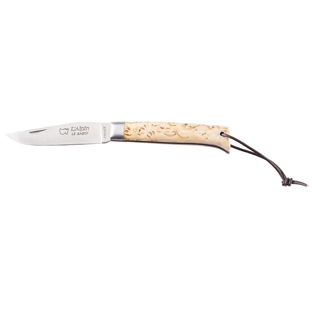Couteau l'Alpin manche bouleau de finlande  avec cordon cuir