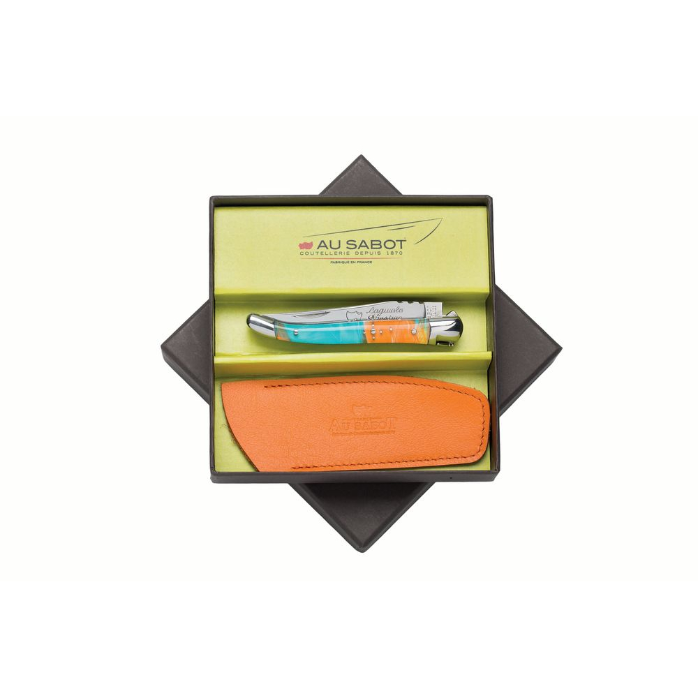 Boite cadeau couteau Laguiole 10 cm 2 mitres inox plumes jungle & étui cuir orange