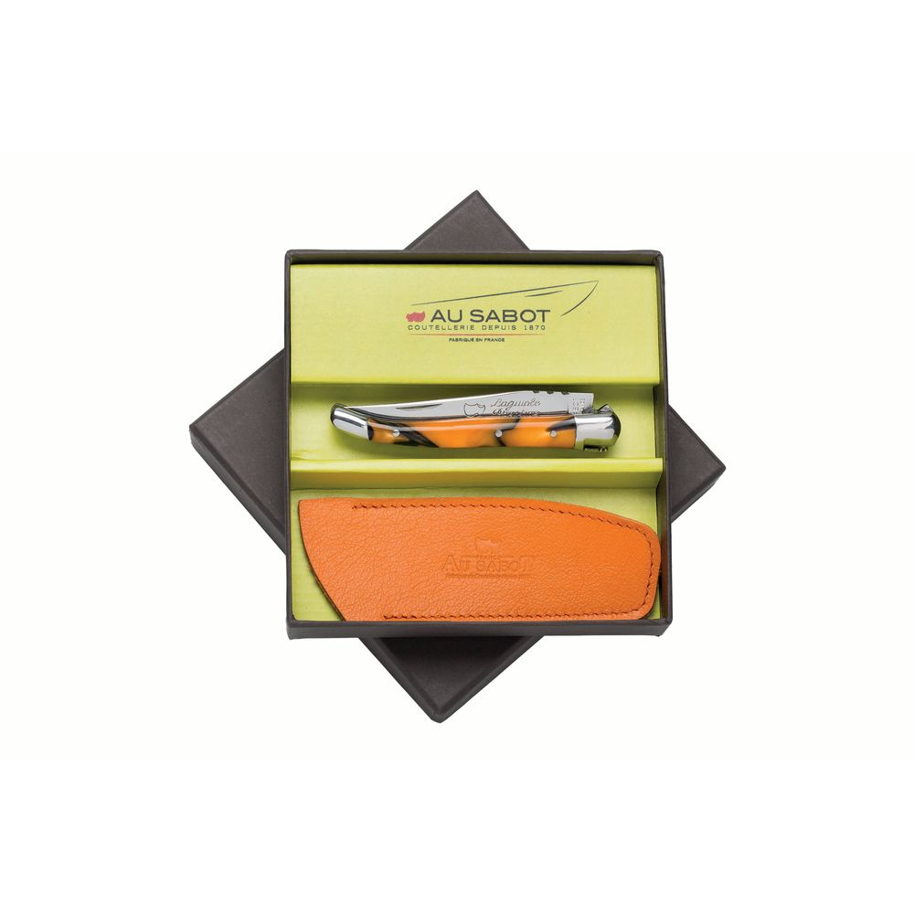 Boite cadeau  couteau Laguiole 10 cm 2 mitres inox orange torsade & étui cuir orange
