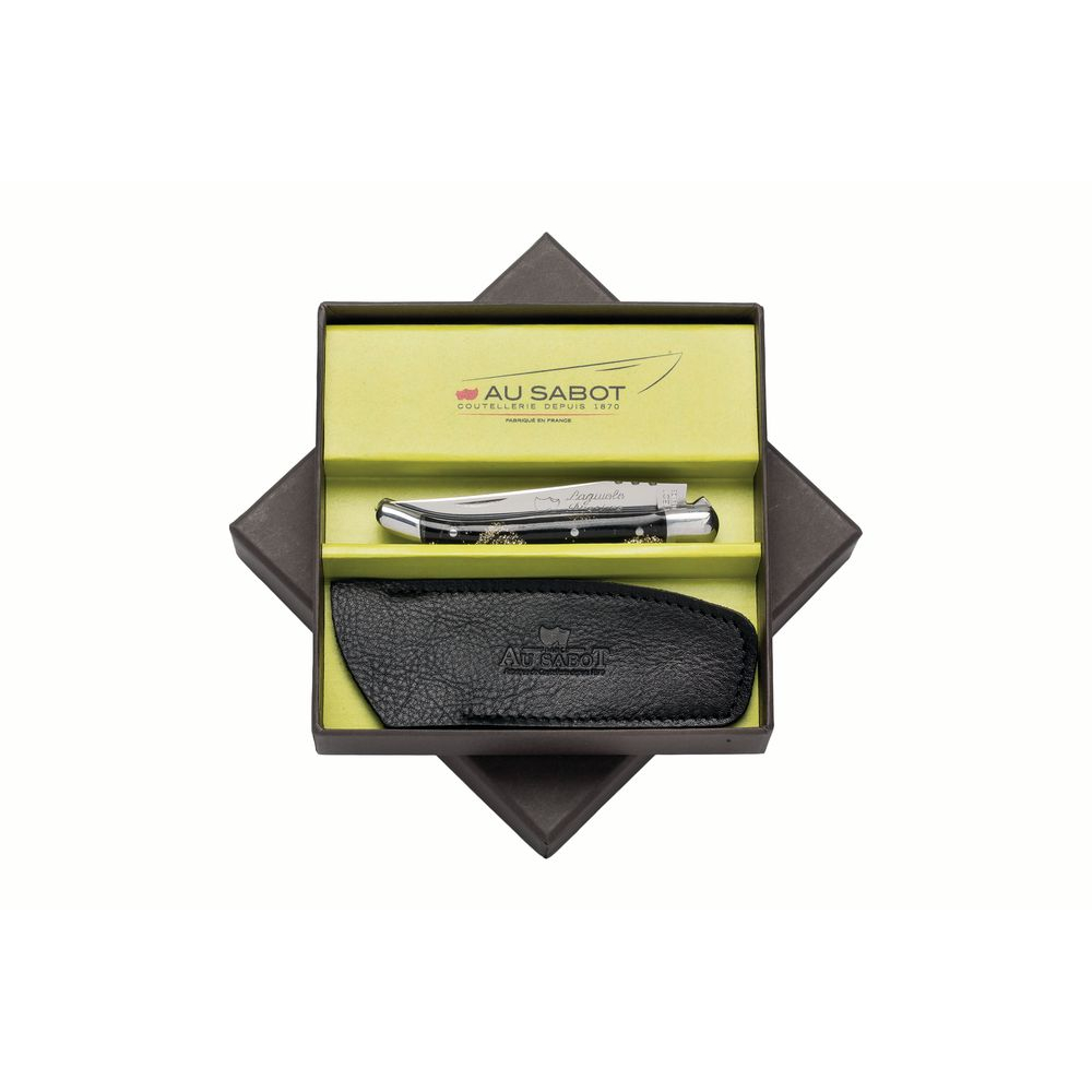 Boite cadeau couteau Laguiole 10 cm 2 mitres inox paillettes & étui cuir noir