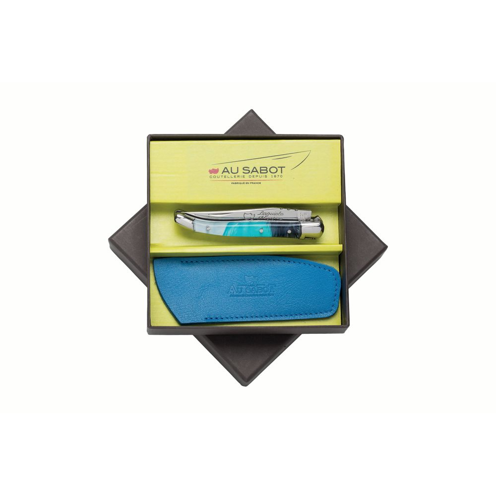 Boite cadeau couteau Laguiole 10 cm 2 mitres inox plumes bleues & étui cuir bleu