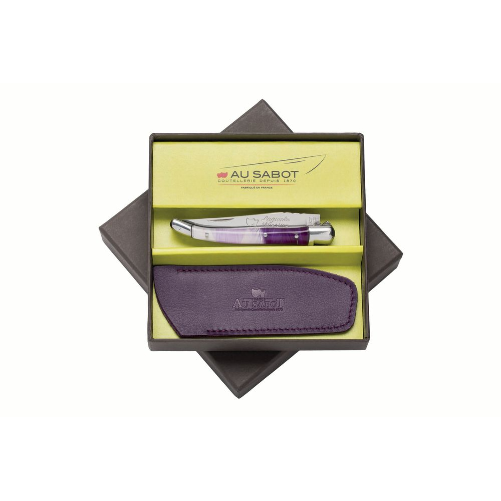 Boite cadeau couteau Laguiole 10 cm 2 mitres inox plumes roses & étui cuir violet