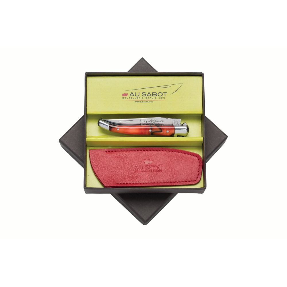 Boite cadeau couteau Laguiole 10 cm 2 mitres inox rouge torsade & étui cuir rouge