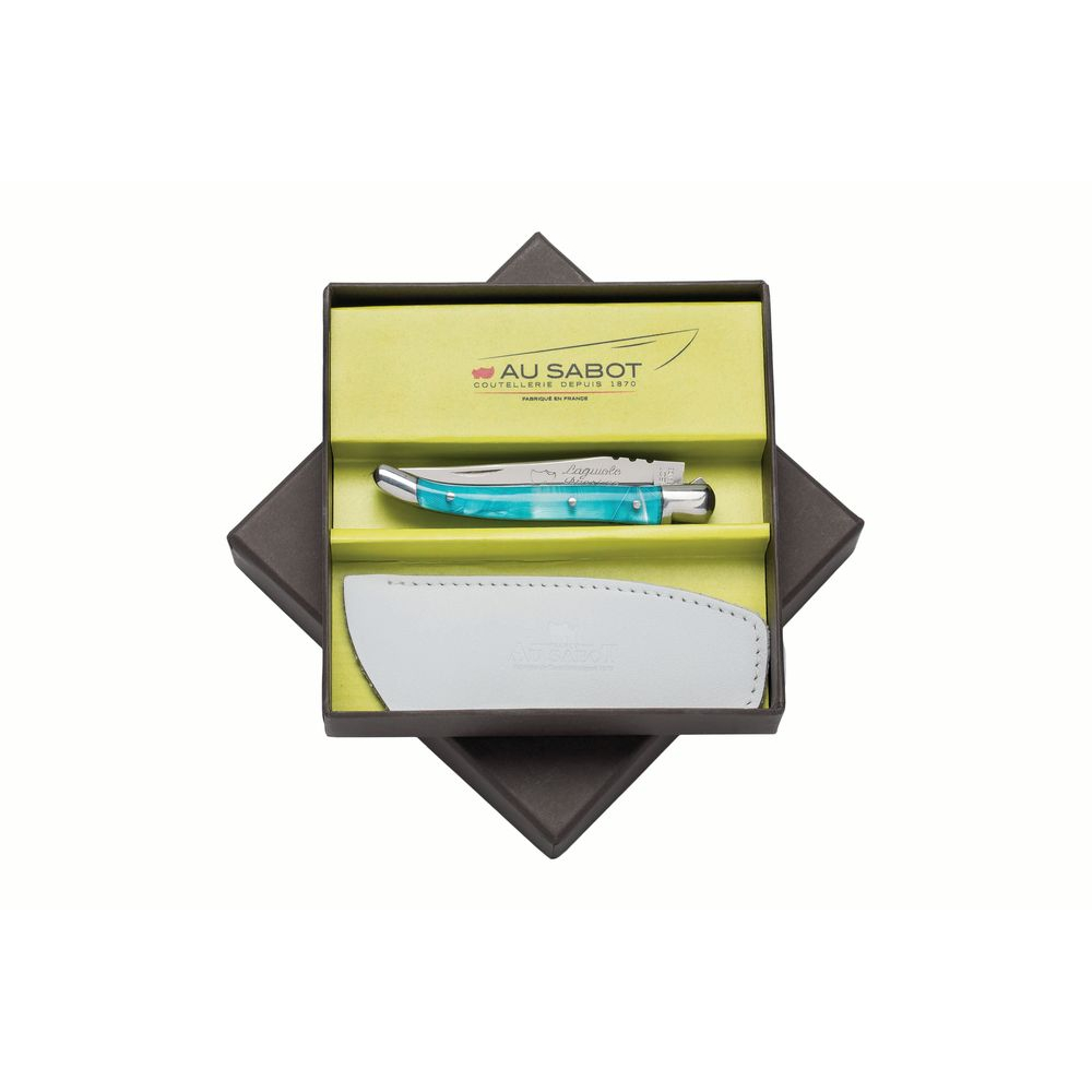 Boite cadeau couteau Laguiole 10 cm 2 mitres inox plumes turquoises & étui cuir blanc