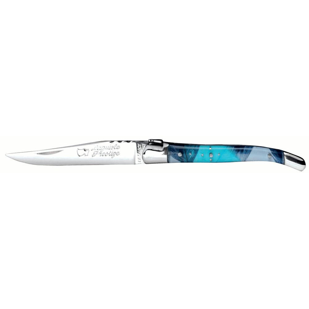 Couteau Laguiole Décoration 10 cm 2 mitres inox plumes bleues
