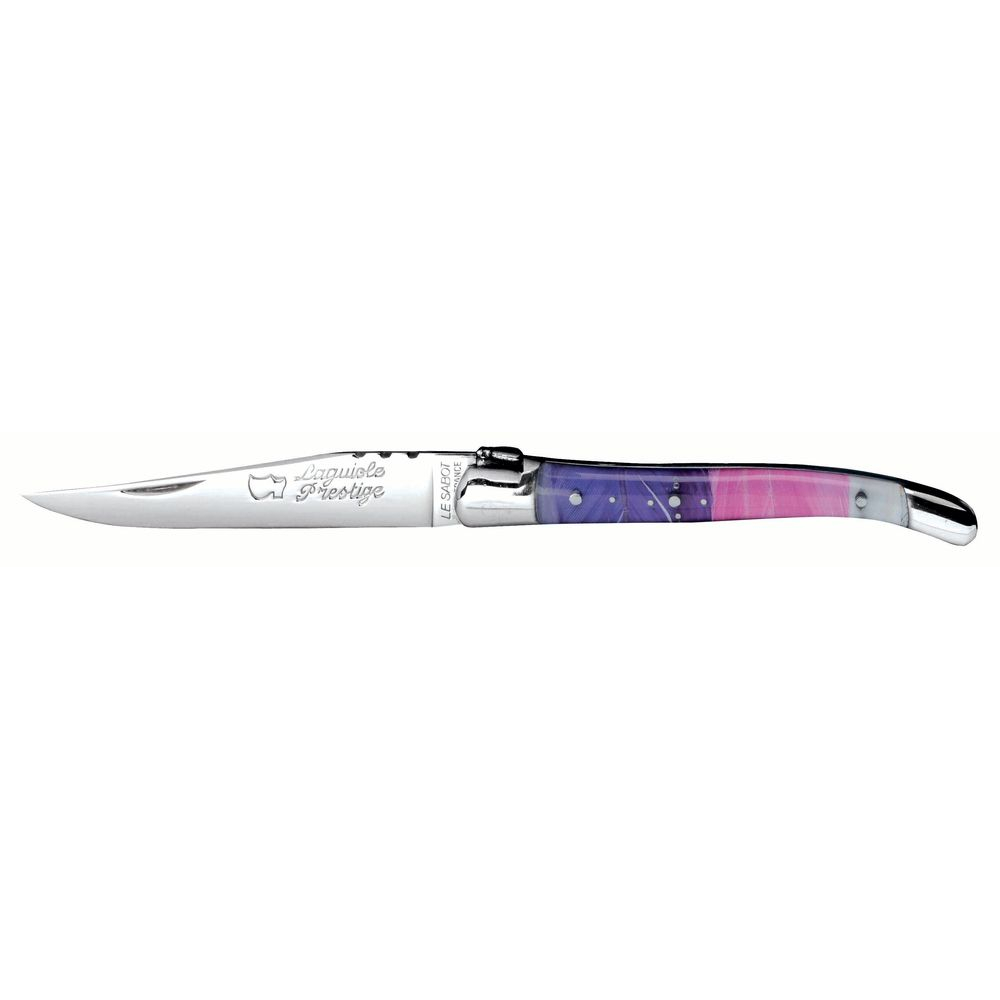 Couteau Laguiole Décoration 10 cm 2 mitres inox plumes roses