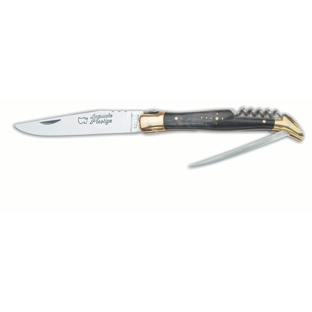 Couteau Laguiole 12 cm 3 pièces tire-bouchon - poinçon mitres laiton manche corne